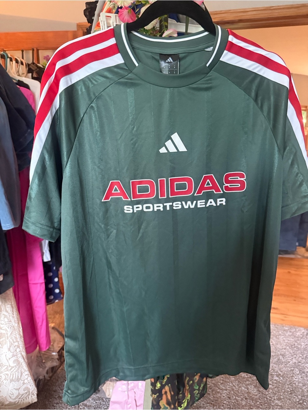 adidas Men's Dark Green Athletic Jersey with Red & White Accents